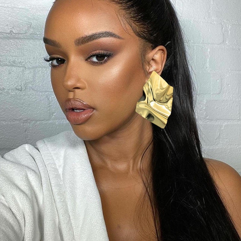 African Gold Alloy Irregular Folds Geometric Square Earrings Women love island earrings