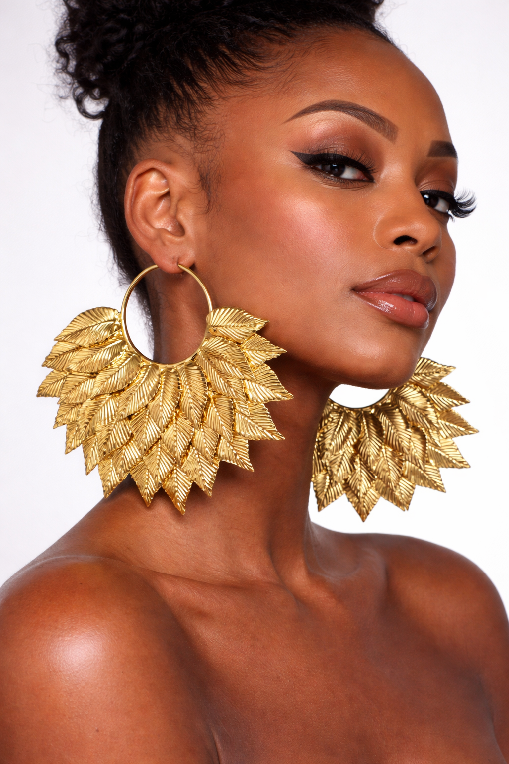 Large feather pattern Gold Statement Earrings