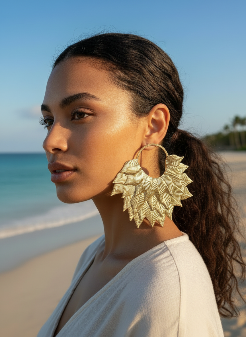 Large feather pattern Gold Statement Earrings